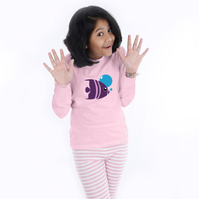Pink Full Sleeve Girls Pyjama- Fish